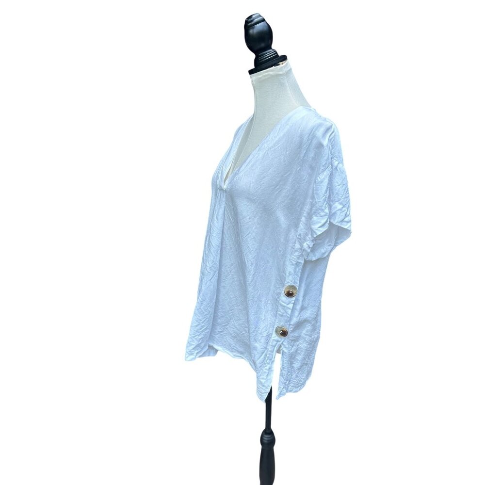 Zara Womens M White Linen Blend Top Relaxed Fit Side Buttons Lagenlook Classic